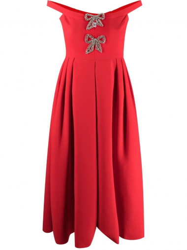Red crepe bow midi dress