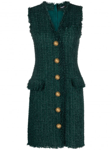 V-neck buttoned tweed dress